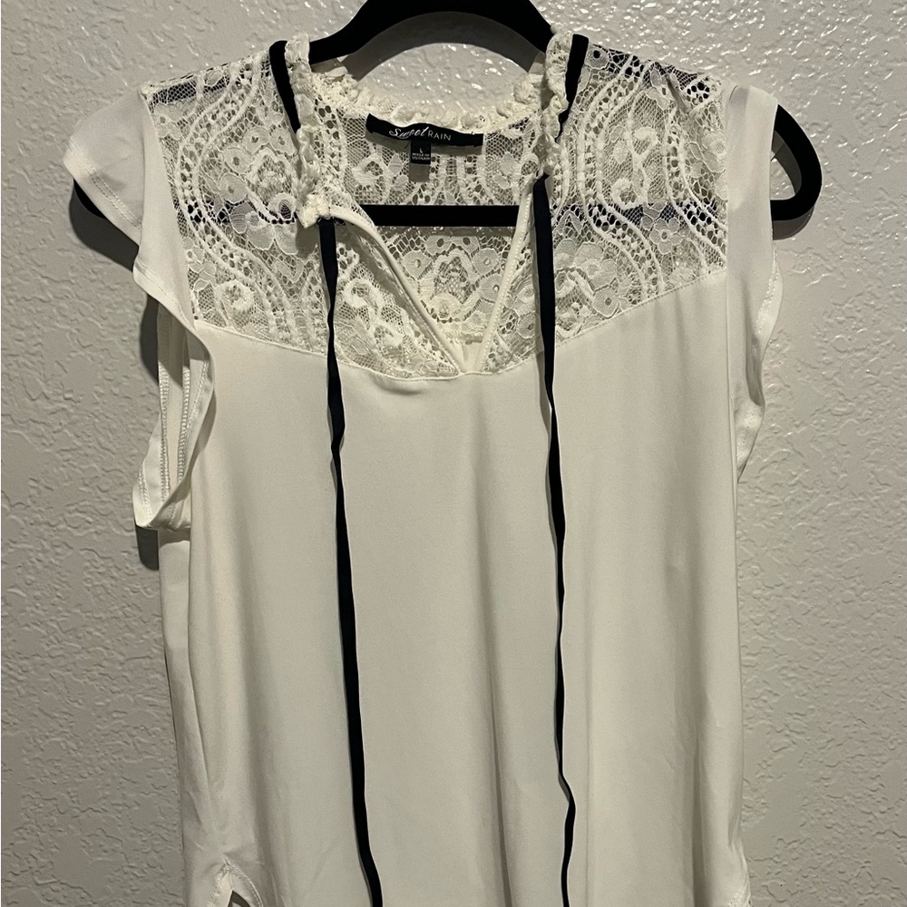 Sweet Rain White Lace Blouse with Black Trim